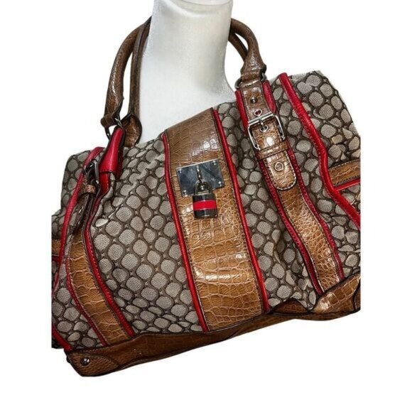 Brown & Red Circle Printed Shoulder Bag With Faux Croc Leather Straps & Padlock - Picture 2 of 12